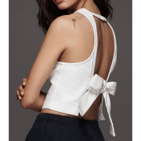 Anthropologie Womens Halter Vest Top Bow Back Size XL Ivory - Picture 2 of 7